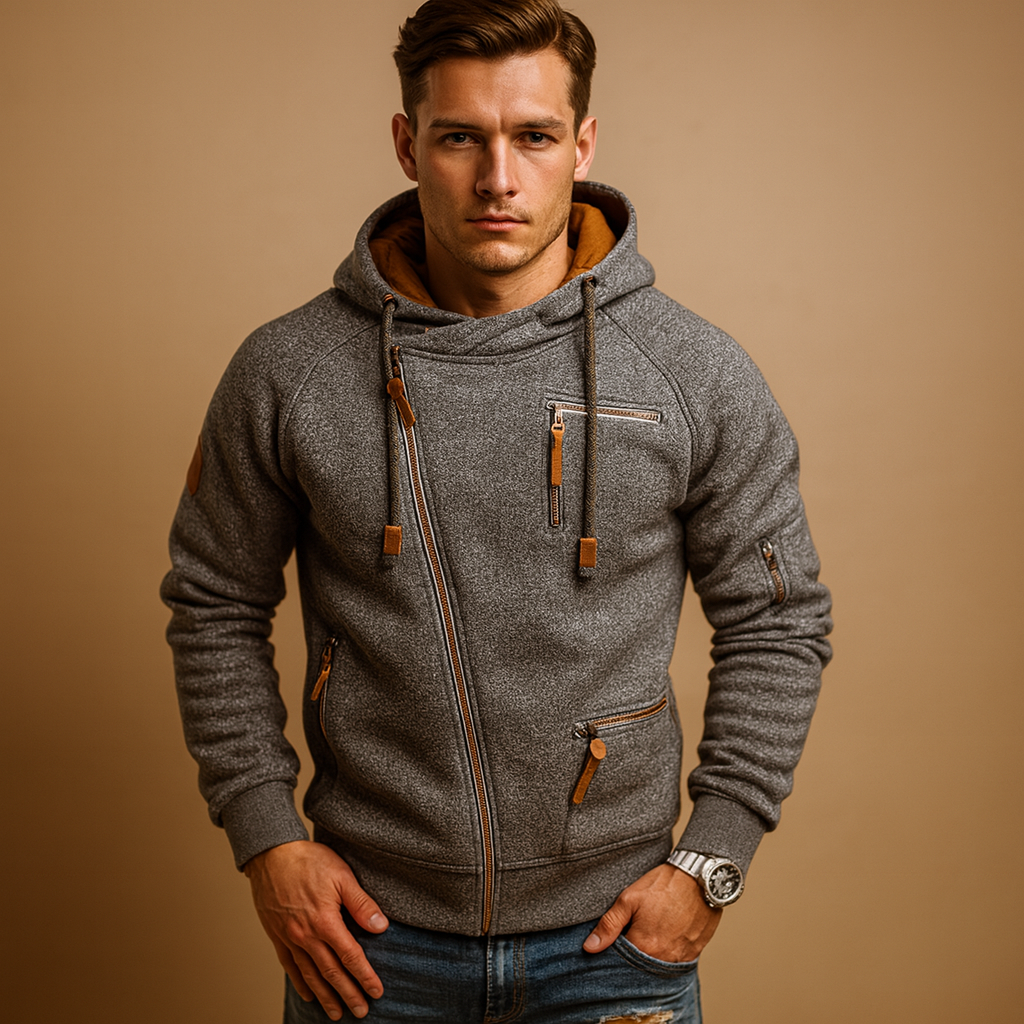 Warme Heren Hoodie met Asymmetrische Rits Zakken en Ribboorden