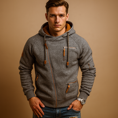 Warme Heren Hoodie met Asymmetrische Rits Zakken en Ribboorden