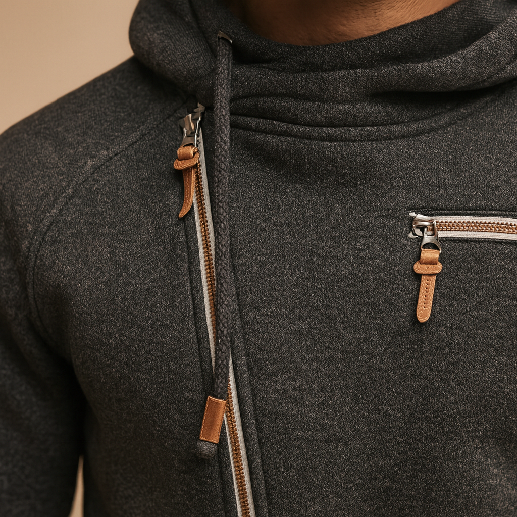 Warme Heren Hoodie met Asymmetrische Rits Zakken en Ribboorden