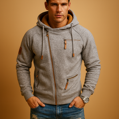 Warme Heren Hoodie met Asymmetrische Rits Zakken en Ribboorden