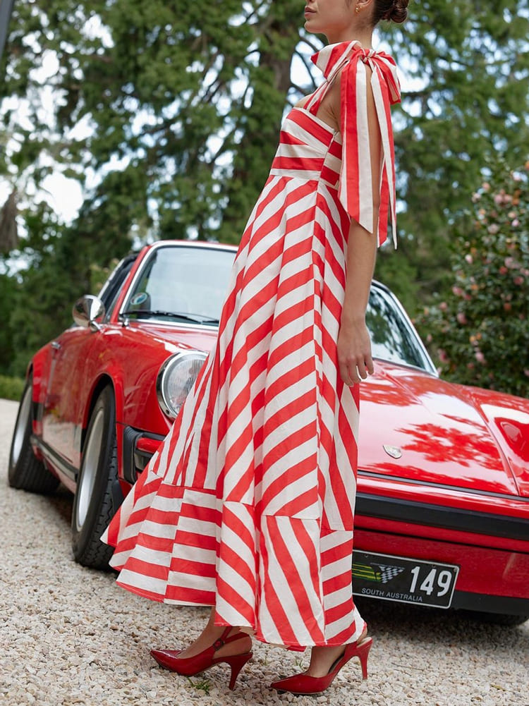 Kaia - Gestreepte maxi jurk met strikbandjes voor dames