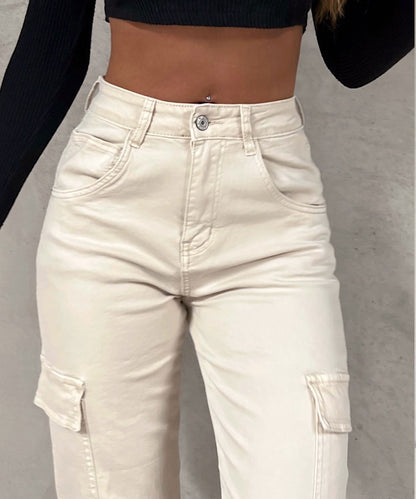 Witte Dames Hoge Taille Cargo Jeans Met Zakken