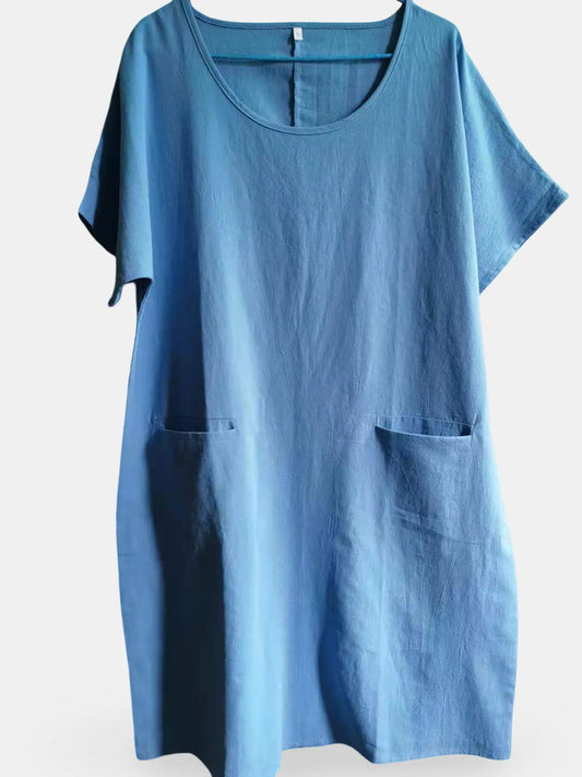 Dames Midi Jurk Met Zakken Ronde Hals En Korte Mouw