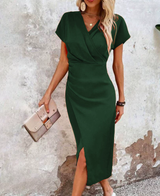 Sienna – Elegante Midi Jurk met V-hals en Split voor Dames