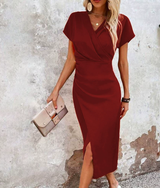 Sienna – Elegante Midi Jurk met V-hals en Split voor Dames