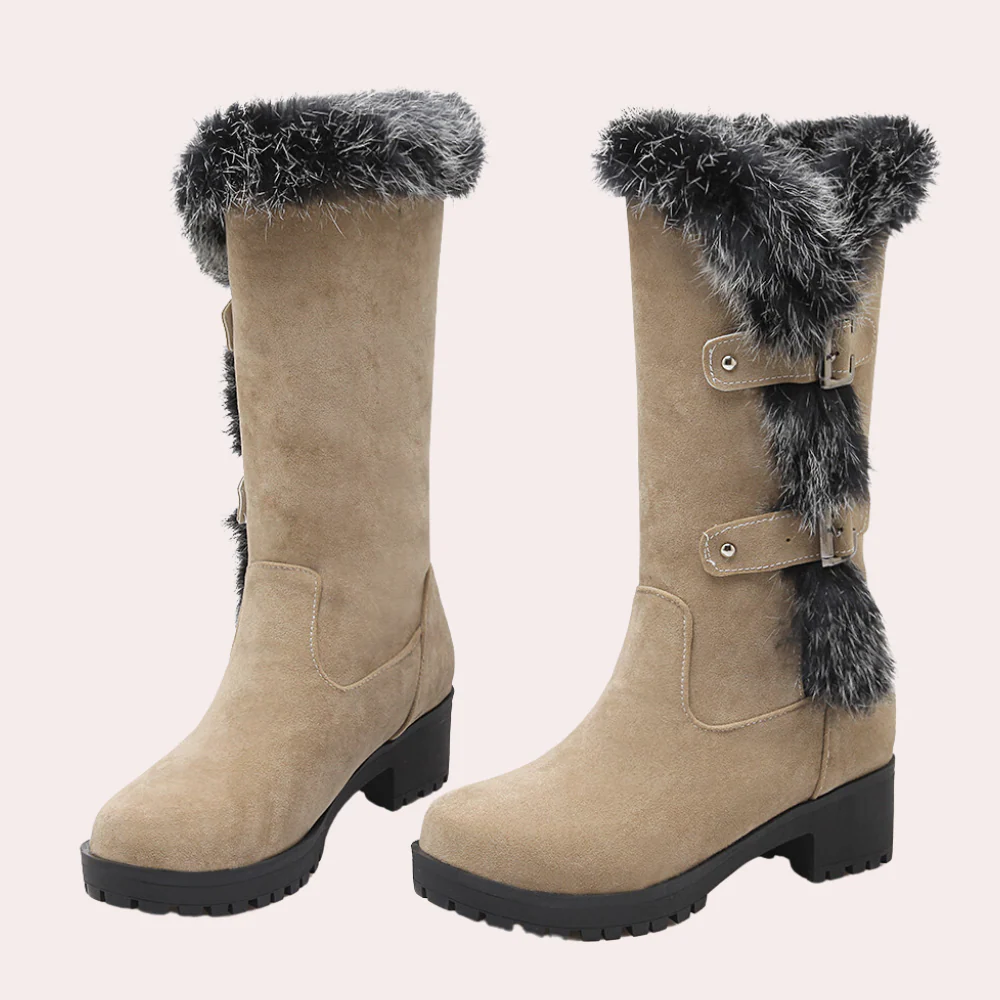 Dames Kniehoge Laarzen Winter Bont Rand Gesp Blokhak