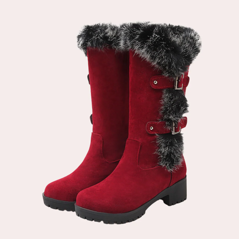 Dames Kniehoge Laarzen Winter Bont Rand Gesp Blokhak