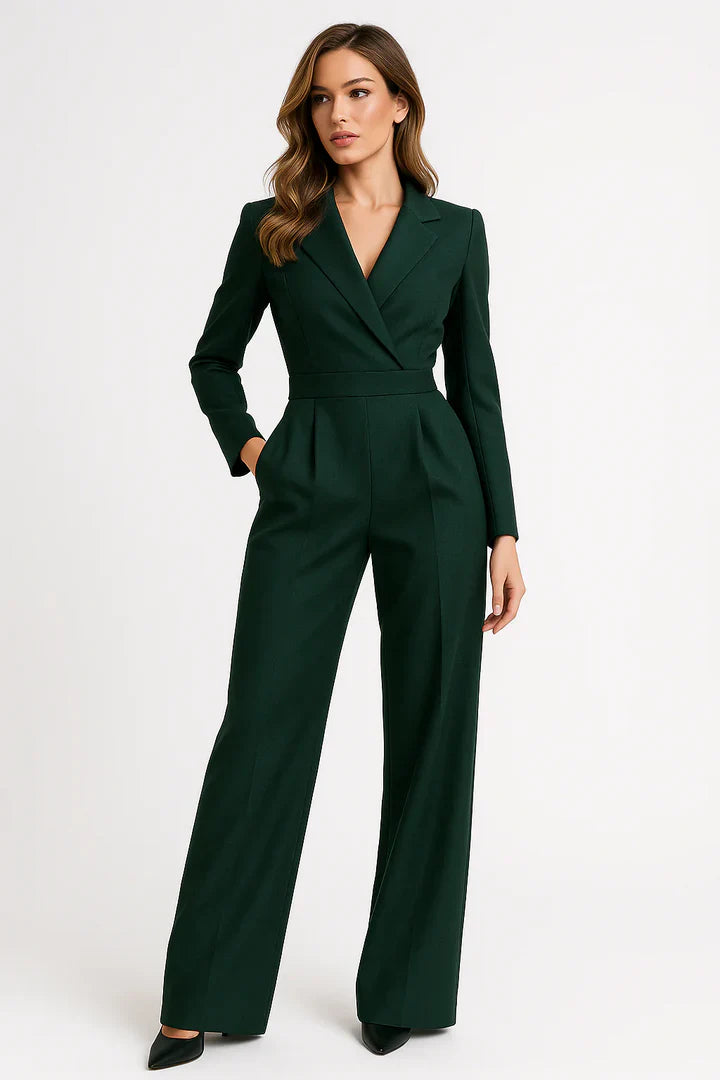 Elegante Dames Jumpsuit met Reverskraag en Lange Pijpen