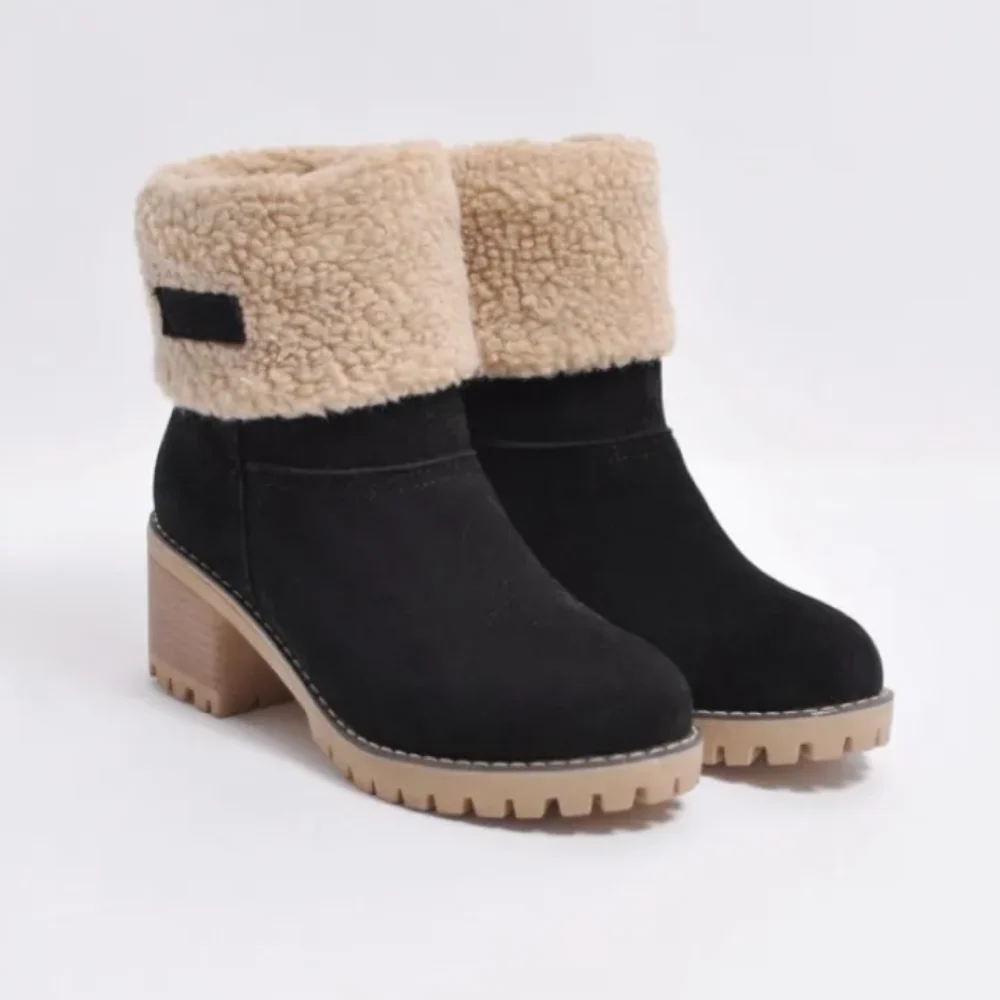 Warme Winter Enkellaarsjes met Bont aan de Kraag en Blokhak voor Dames