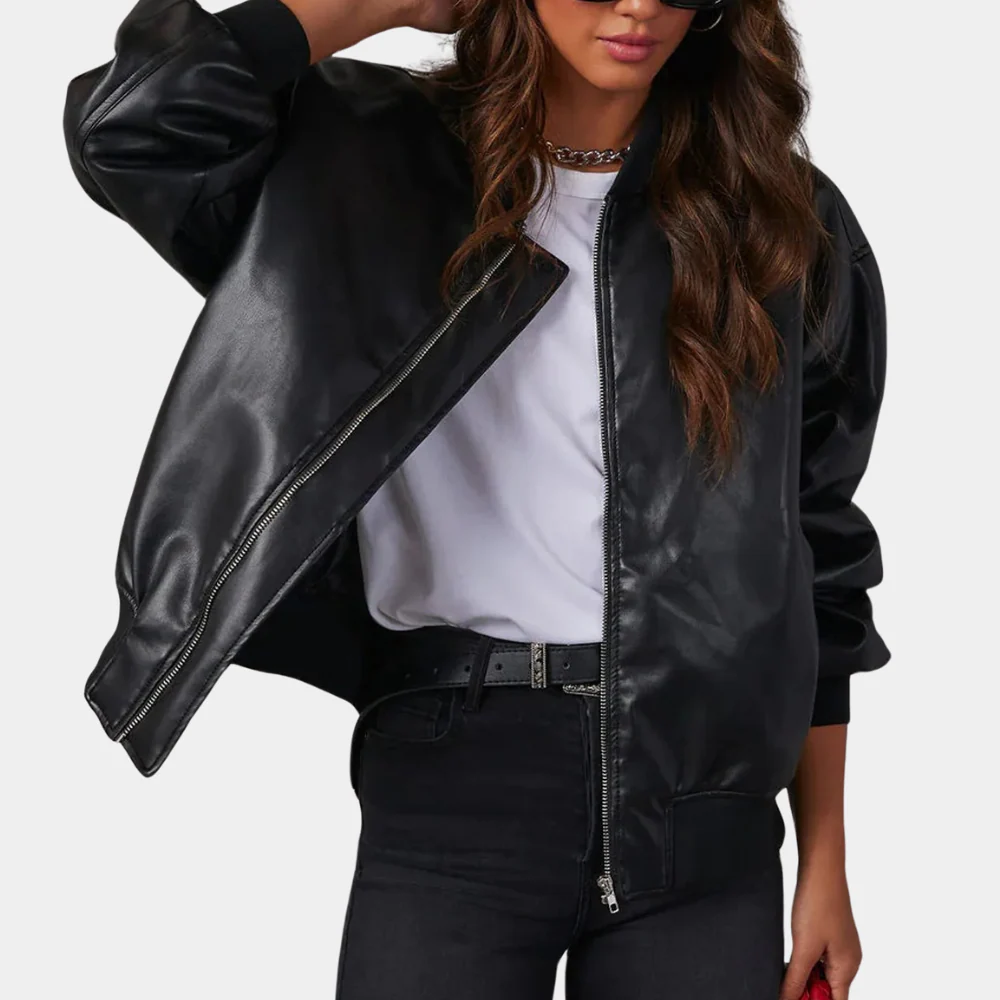 Dames Oversized Kunstleren Bomberjack met Rits