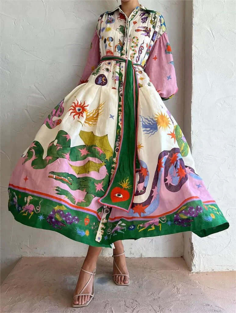 Cecylia - Maxi Jurk met Artistieke Print en Ceintuurgordel voor Dames