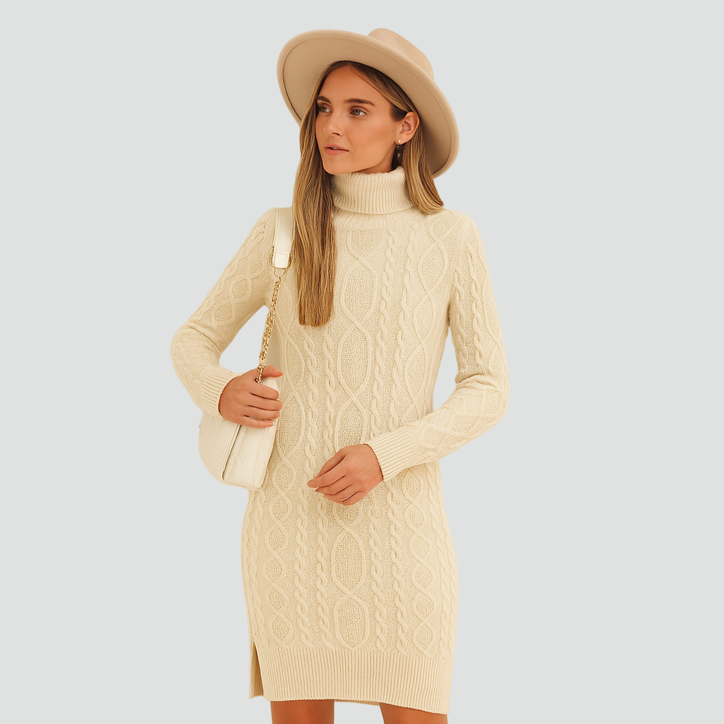 Warme Dames Gebreide Col Sweaterjurk met Kabelpatroon