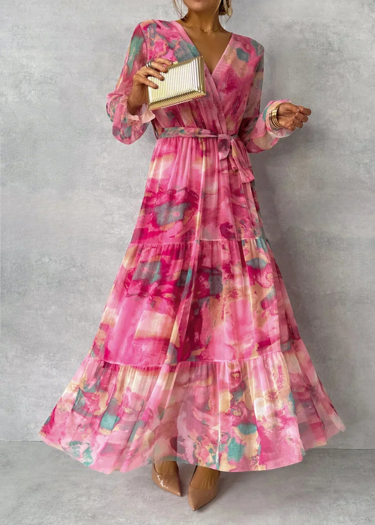 Grazina - Maxi Jurk met Aquarelprint en Getailleerde Taille met Riem