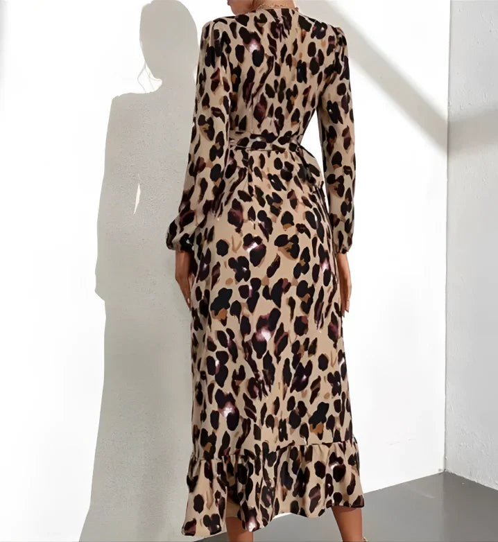 Elegante Dames Luipaardprint Jurk V-hals Midi