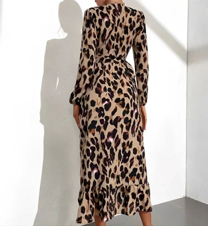 Elegante Dames Luipaardprint Jurk V-hals Midi