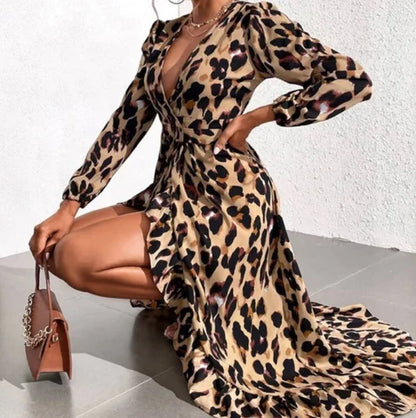 Elegante Dames Luipaardprint Jurk V-hals Midi