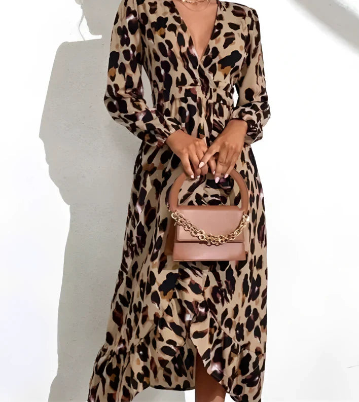 Elegante Dames Luipaardprint Jurk V-hals Midi