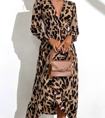 Elegante Dames Luipaardprint Jurk V-hals Midi