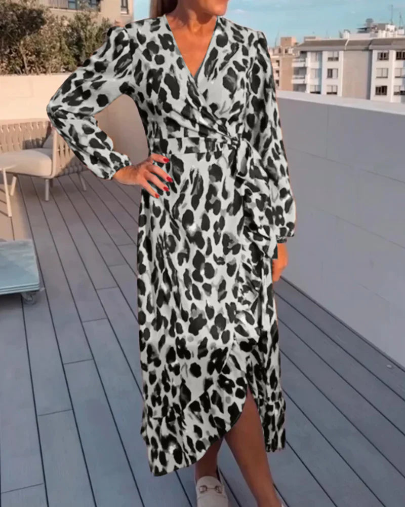 Elegante Dames Luipaardprint Jurk V-hals Midi