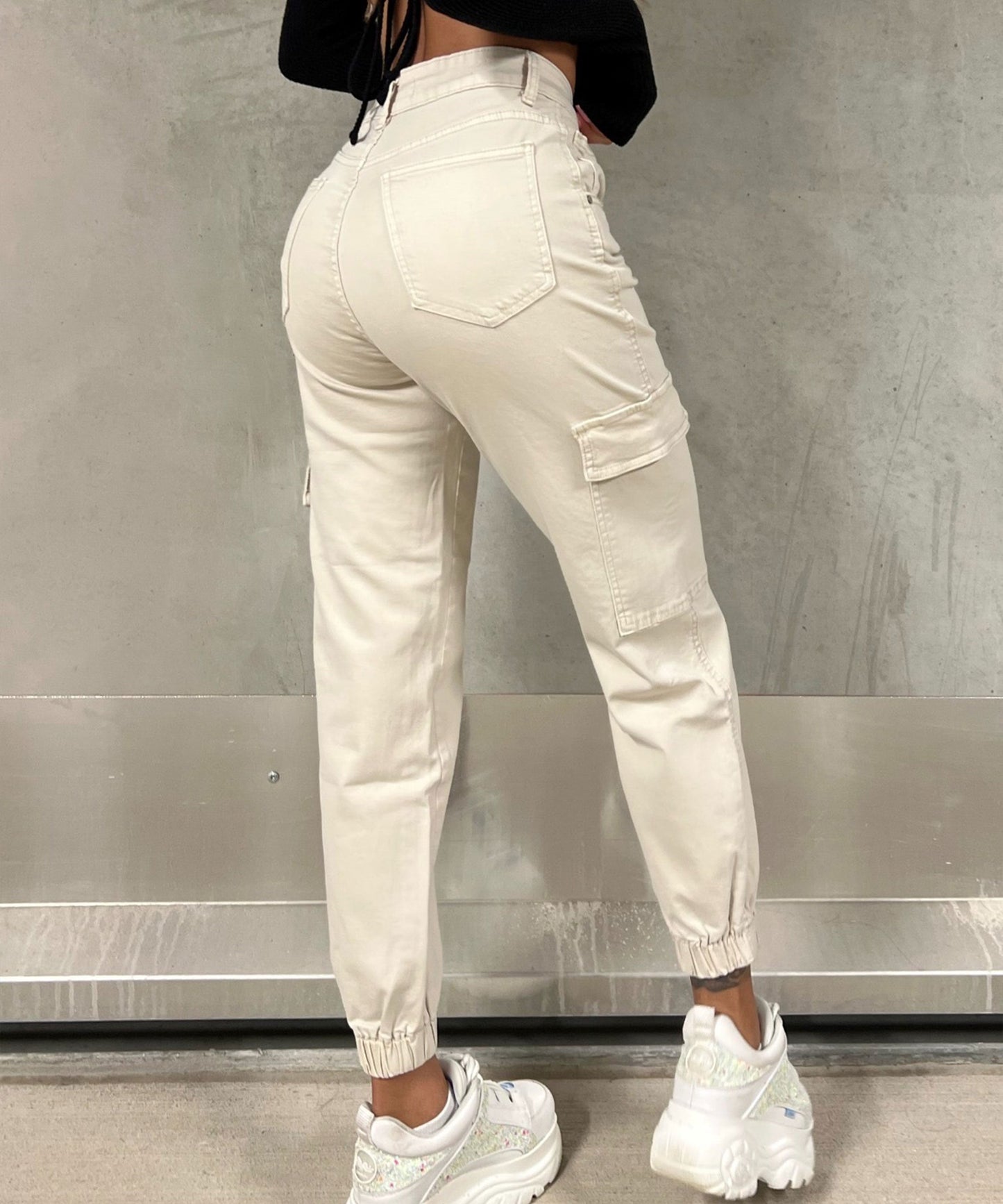 Witte Dames Hoge Taille Cargo Jeans Met Zakken