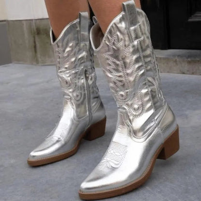 Dames Cowboylaarzen Western met Puntneus Blokhak en Stikseldetails