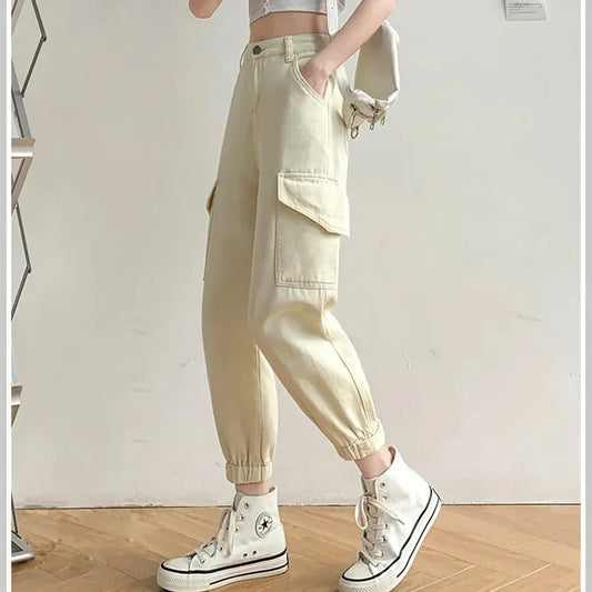 Witte Dames Hoge Taille Cargo Jeans Met Zakken