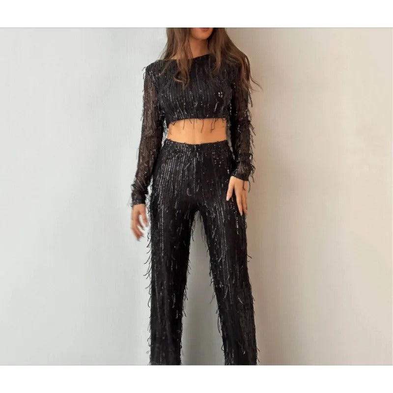 Glitter Pailletten Dames Hoge Taille Broek Tweedelige Set