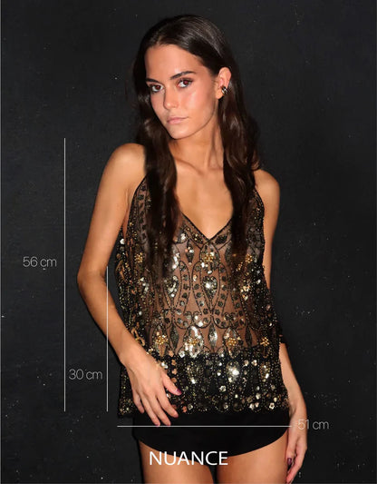 Amelia - Versierde Sheer Sequin Party Top