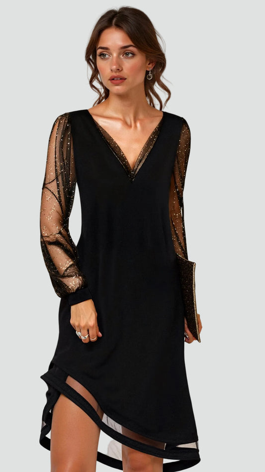 Cocktail Jurk Met V Hals En Transparante Mouwen Voor Dames