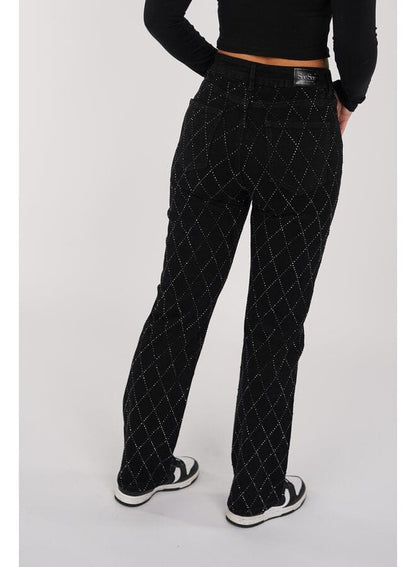 Dames Jeans High Waist met Ruit Strass Rechte Pijp