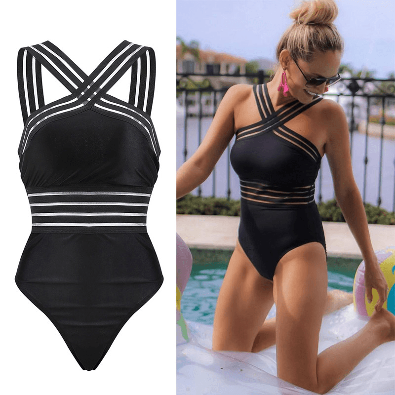 Luna - Zwart Shaping Badpak met Gekruiste Bandjes en Mesh Details voor Dames