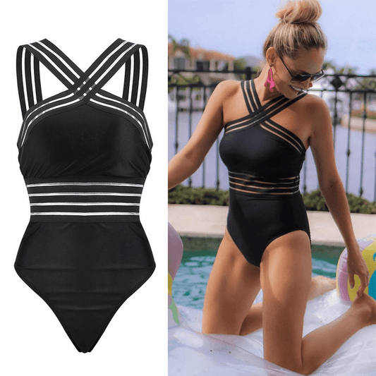 Luna - Zwart Shaping Badpak met Gekruiste Bandjes en Mesh Details voor Dames