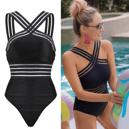 Luna - Zwart Shaping Badpak met Gekruiste Bandjes en Mesh Details voor Dames