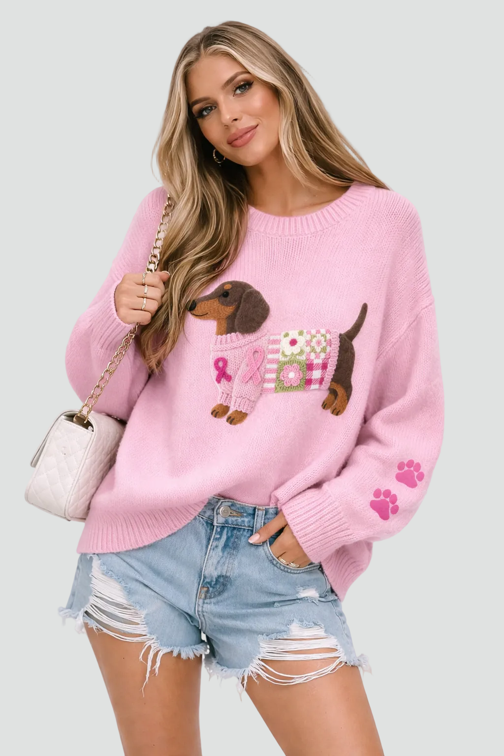 Zachte Dames Trui Met Schattige Hondjesprint En Lange Mouwen