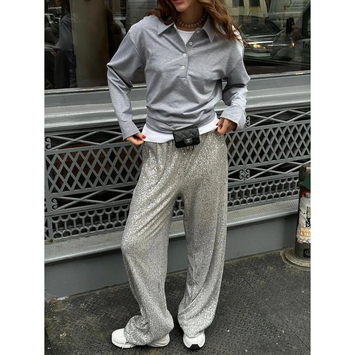 Elegante Vrouwen Glitter Broek Wijde Pijpen Met Elastische Taille