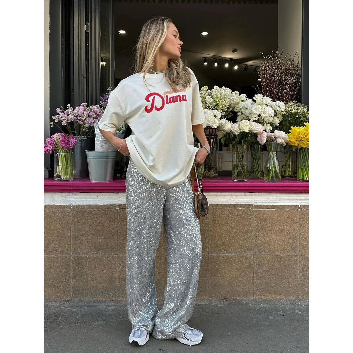 Elegante Vrouwen Glitter Broek Wijde Pijpen Met Elastische Taille