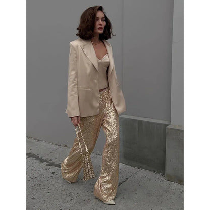 Elegante Vrouwen Glitter Broek Wijde Pijpen Met Elastische Taille