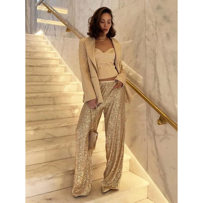 Elegante Vrouwen Glitter Broek Wijde Pijpen Met Elastische Taille