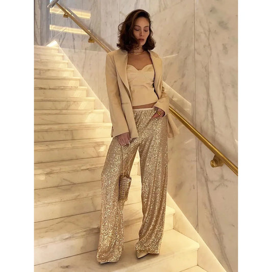 Elegante Vrouwen Glitter Broek Wijde Pijpen Met Elastische Taille