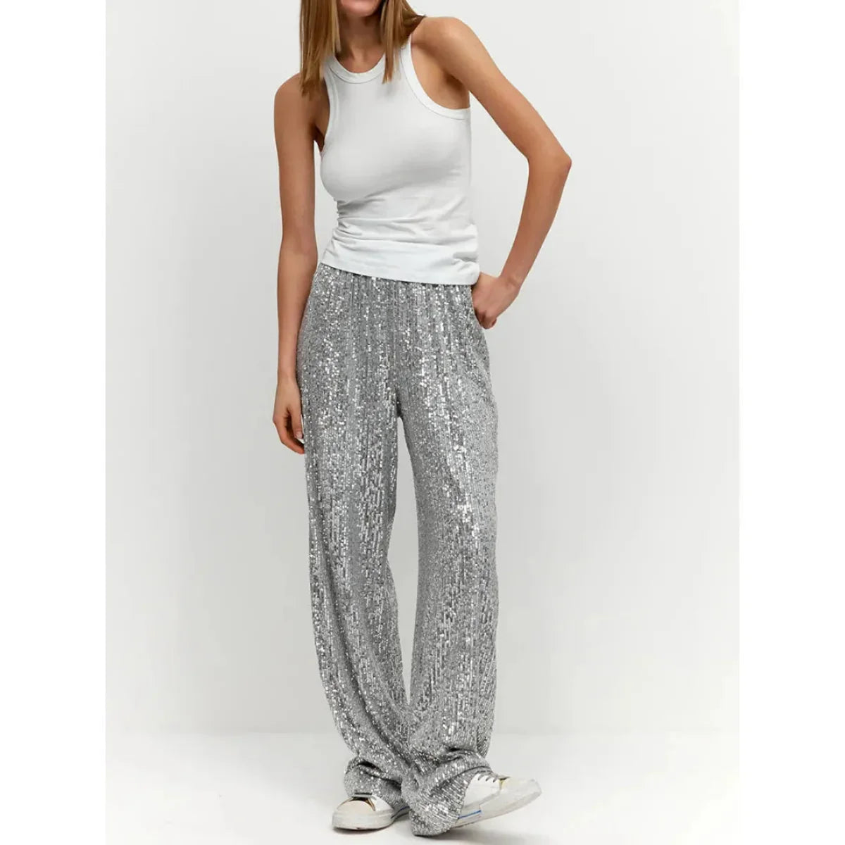 Elegante Vrouwen Glitter Broek Wijde Pijpen Met Elastische Taille