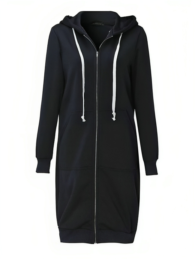 Comfortabele Dames Midi Sweaterjurk Met Rits en Capuchon