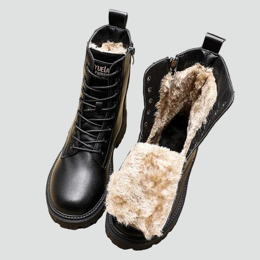 Dames Zwarte Gevoerde Veterboots Met Rits En Warme Voering