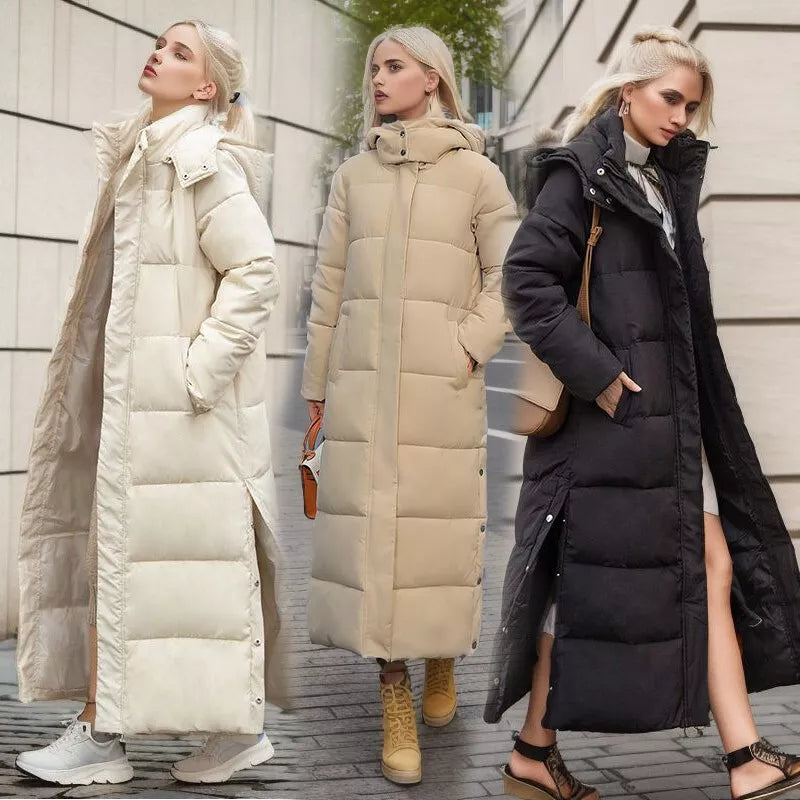 Lange Pufferjas met Zijsplit & Capuchon – Dames Winterjas