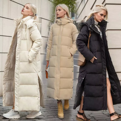 Lange Pufferjas met Zijsplit & Capuchon – Dames Winterjas