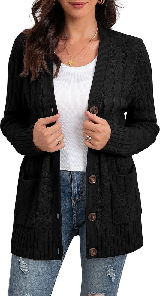 Warm Kabelgebreid Dames Vest Met Knopen En Zakken