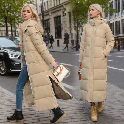 Lange Pufferjas met Zijsplit & Capuchon – Dames Winterjas