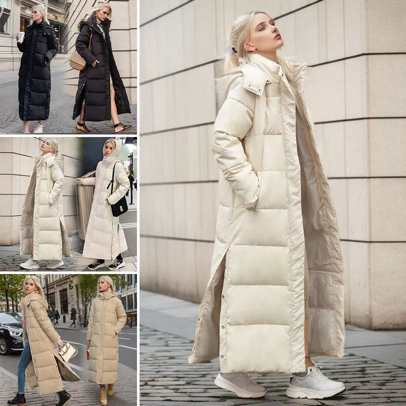 Lange Pufferjas met Zijsplit & Capuchon – Dames Winterjas