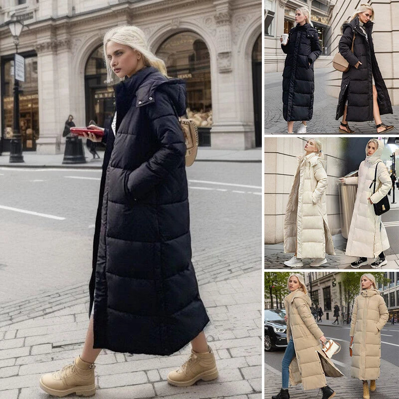 Lange Pufferjas met Zijsplit & Capuchon – Dames Winterjas