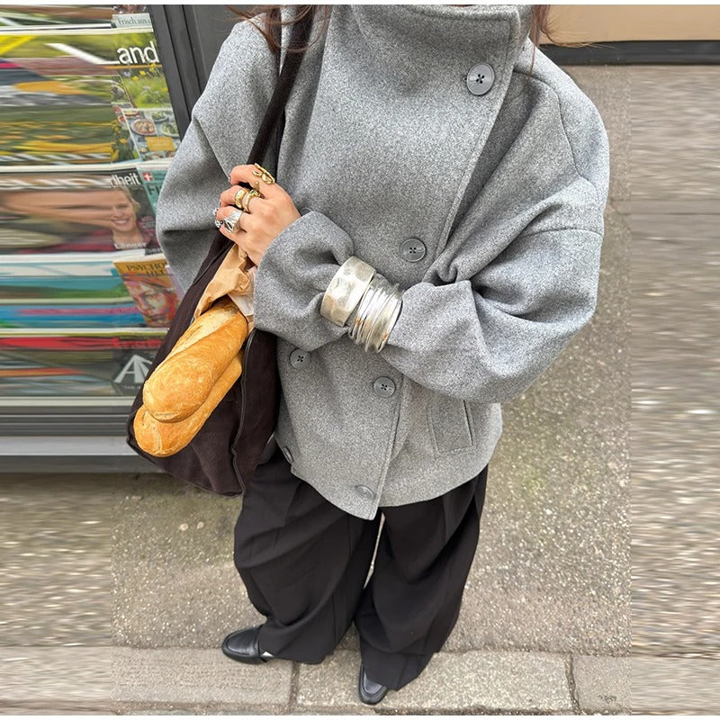 Dames Wolblend Jas met Hoge Kraag en Dubbele Knopen