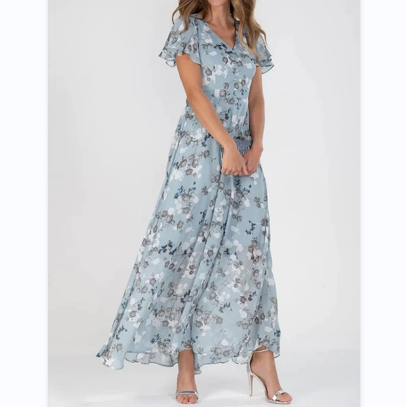 Heidi - Bloemen Maxi Jurk met Vlindermouwen en V-Hals voor Dames